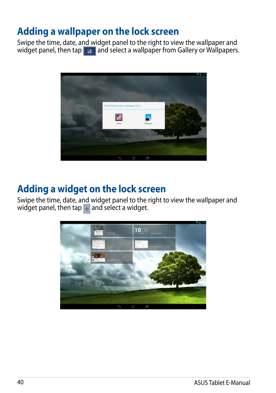 Adding a wallpaper on the lock screen, Adding a widget on the lock screen | Asus Transformer Pad TF502T User Manual | Page 40 / 84