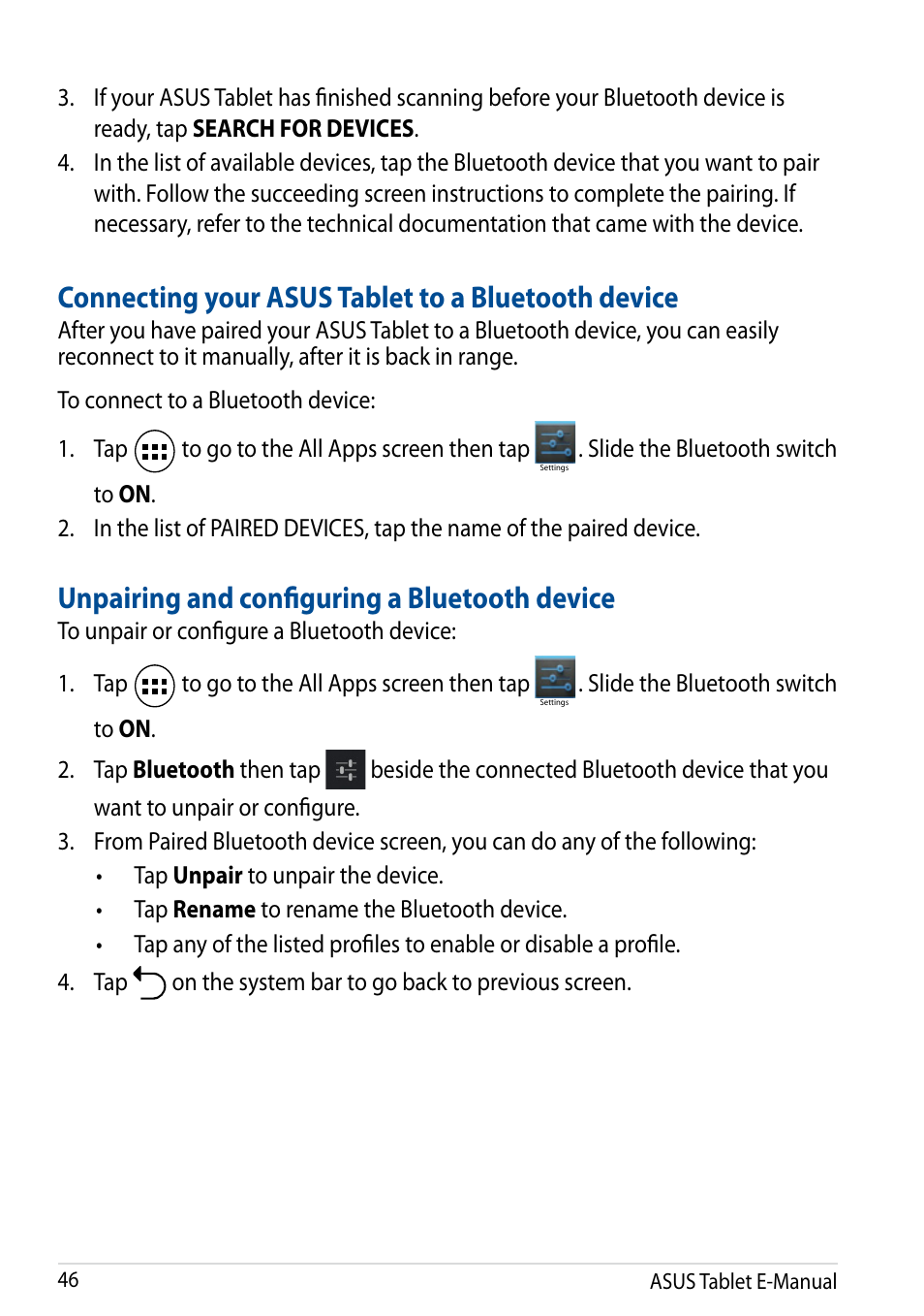 Connecting your asus tablet to a bluetooth device, Unpairing and configuring a bluetooth device | Asus Transformer Pad TF502T User Manual | Page 46 / 84