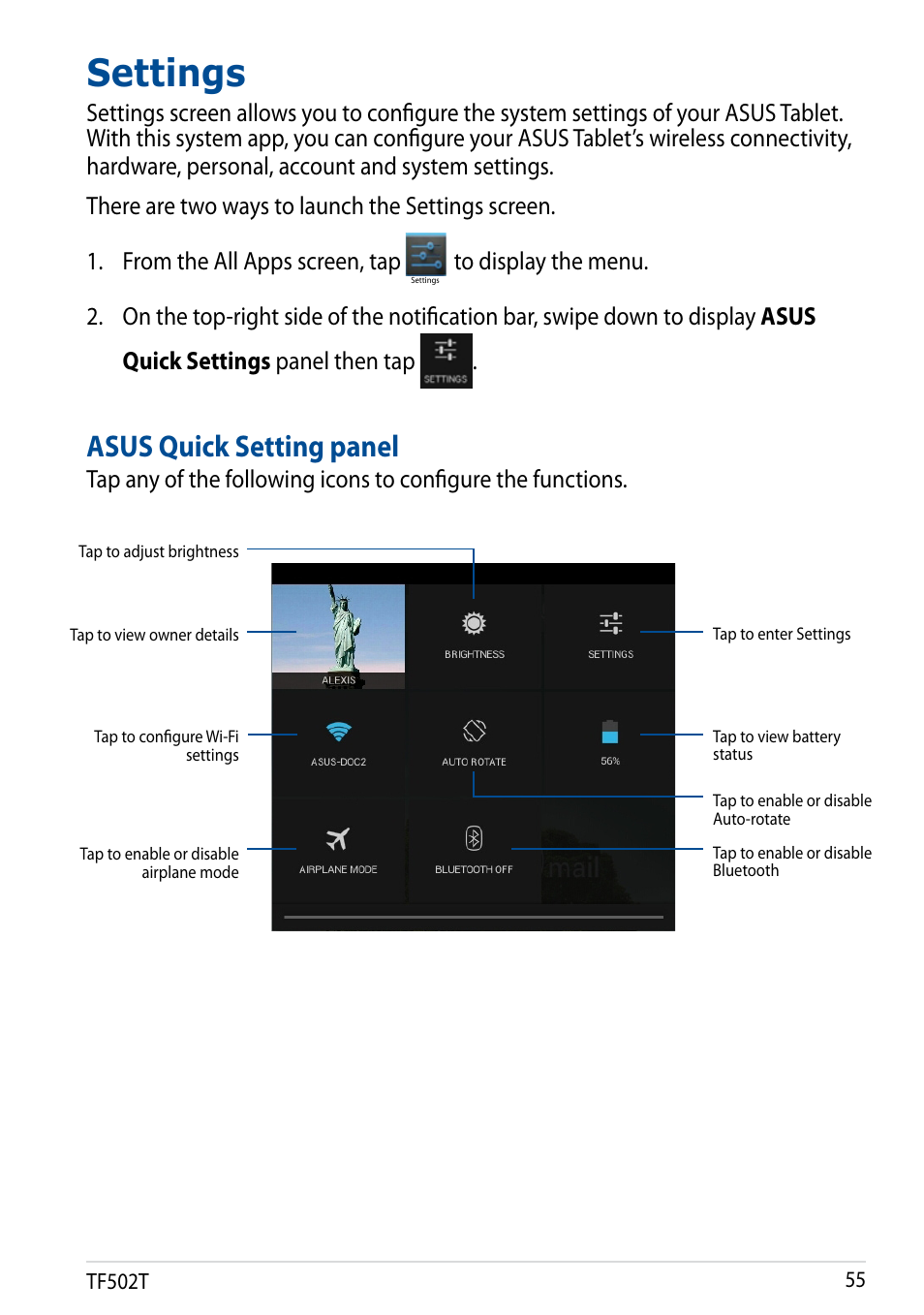 Settings, Asus quick setting panel | Asus Transformer Pad TF502T User Manual | Page 55 / 84