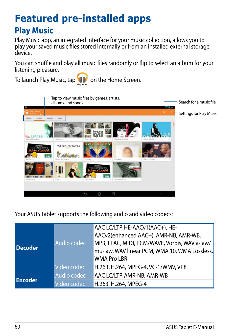 Featured pre-installed apps, Play music | Asus Transformer Pad TF502T User Manual | Page 60 / 84