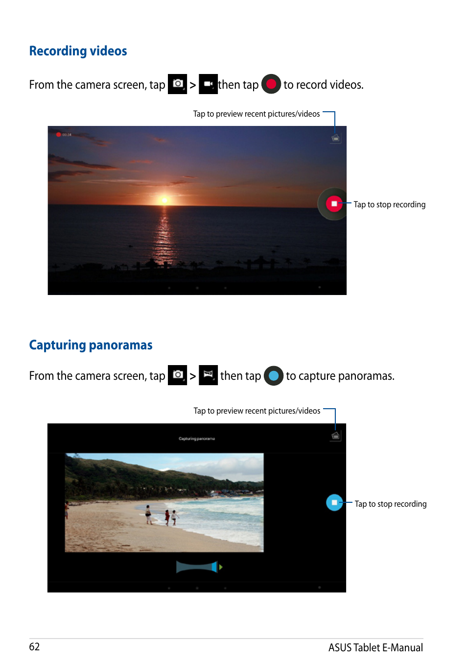 Recording videos, Capturing panoramas | Asus Transformer Pad TF502T User Manual | Page 62 / 84