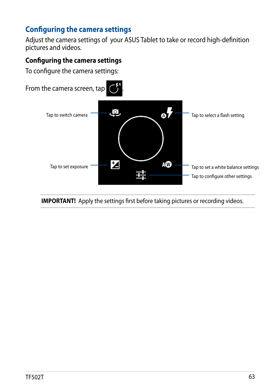 Configuring the camera settings | Asus Transformer Pad TF502T User Manual | Page 63 / 84