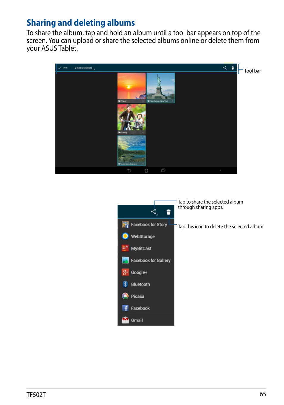Sharing and deleting albums | Asus Transformer Pad TF502T User Manual | Page 65 / 84