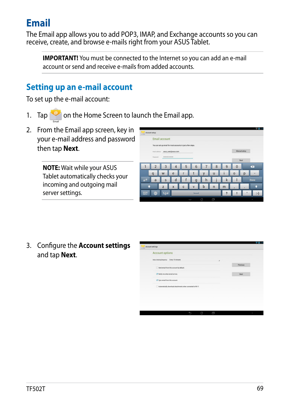 Email, Setting up an e-mail account | Asus Transformer Pad TF502T User Manual | Page 69 / 84