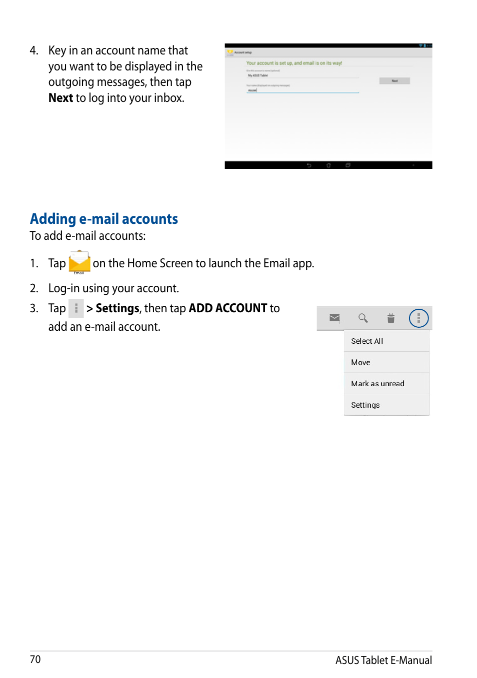 Adding e-mail accounts | Asus Transformer Pad TF502T User Manual | Page 70 / 84