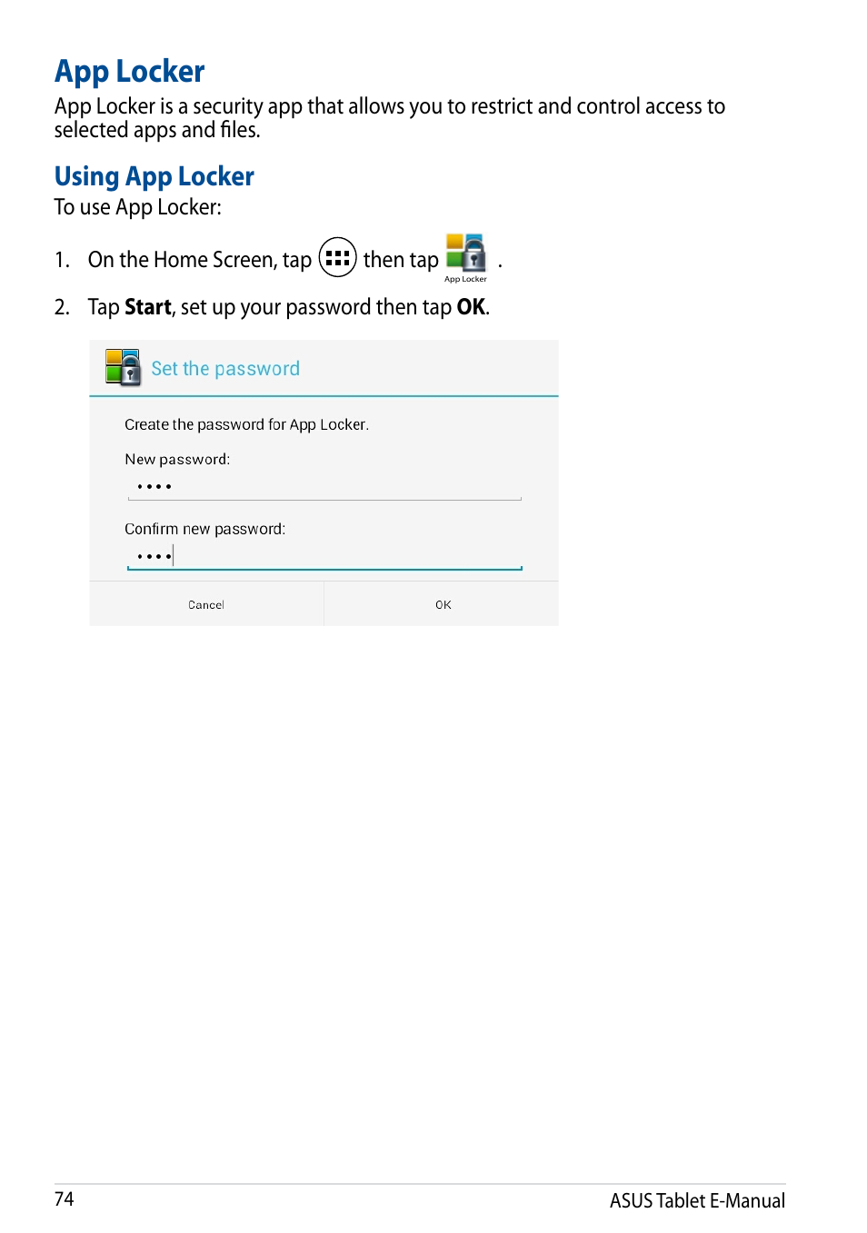 App locker, Using app locker | Asus Transformer Pad TF502T User Manual | Page 74 / 84