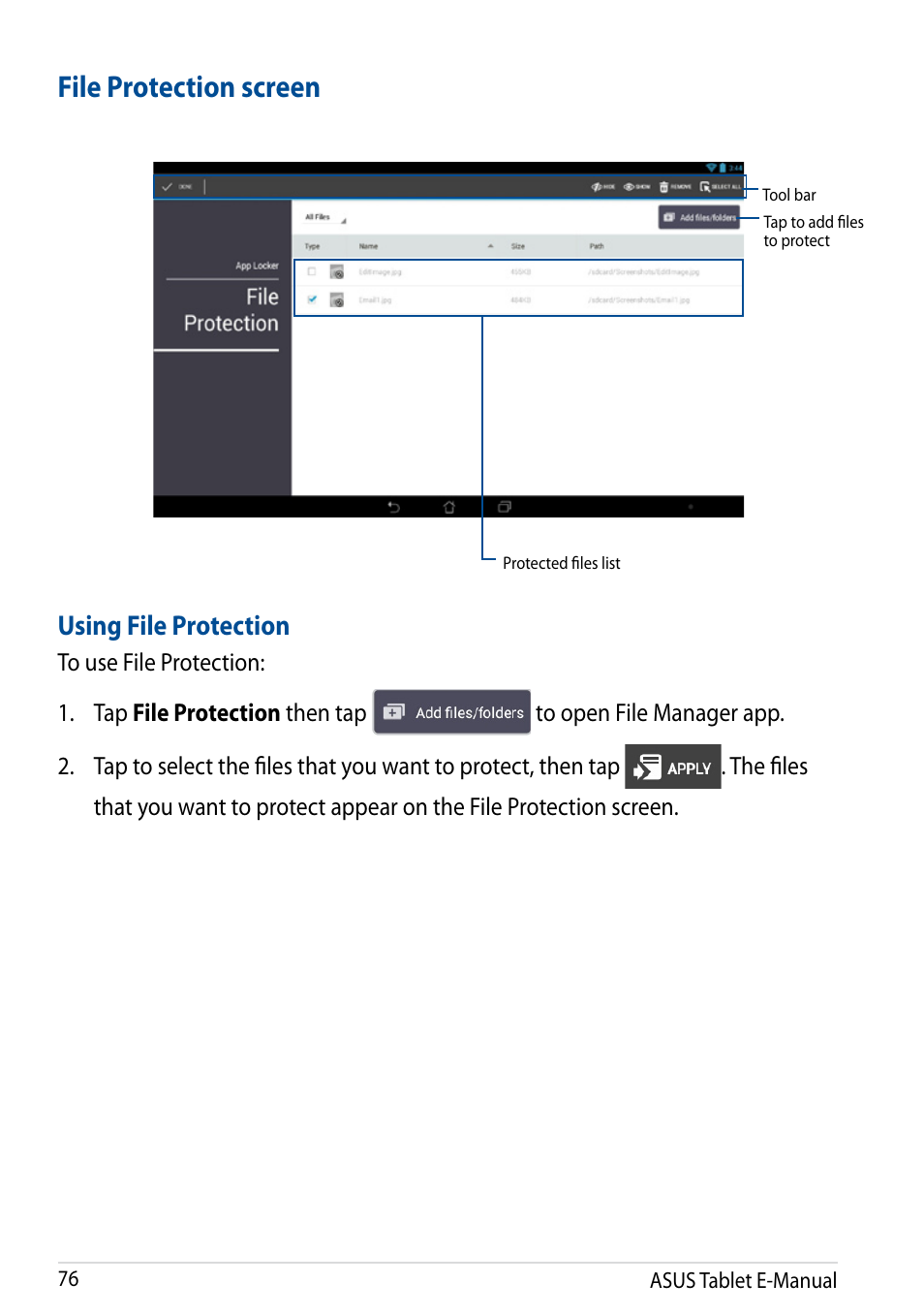 File protection screen, Using file protection | Asus Transformer Pad TF502T User Manual | Page 76 / 84