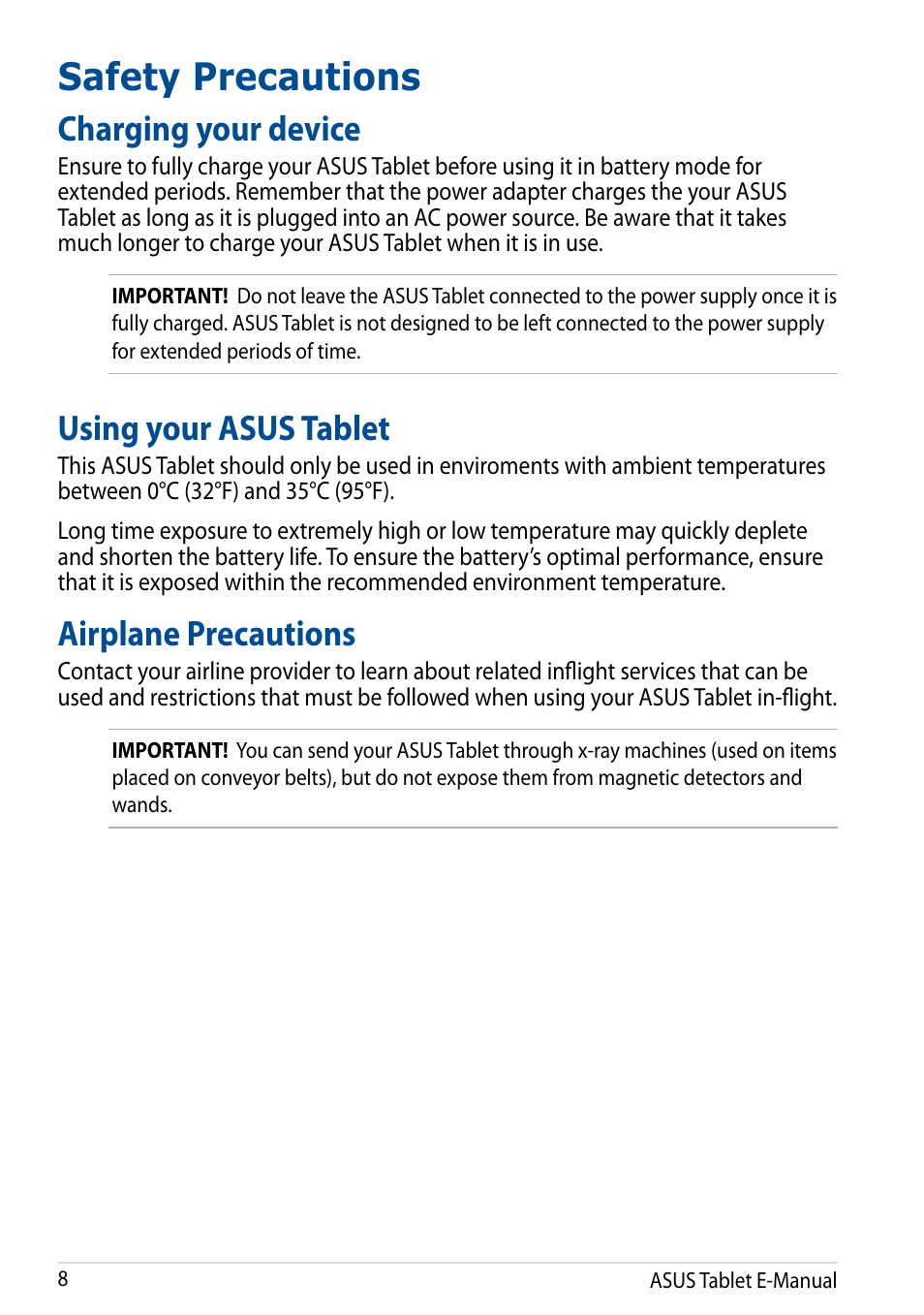 Safety precautions, Charging your device, Using your asus tablet | Airplane precautions | Asus Transformer Pad TF502T User Manual | Page 8 / 84