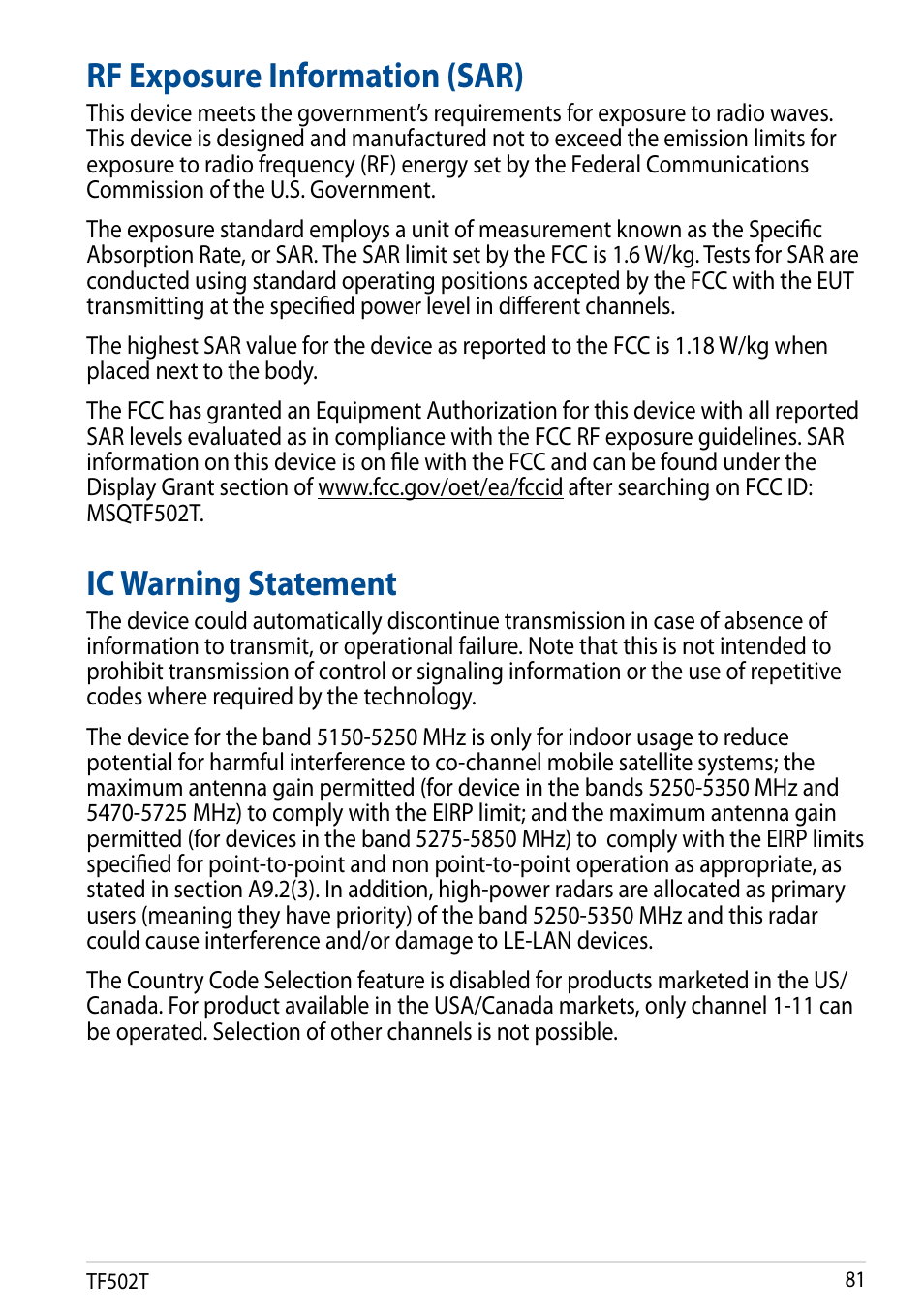 Rf exposure information (sar), Ic warning statement, Rf exposure information (sar) ic warning statement | Asus Transformer Pad TF502T User Manual | Page 81 / 84