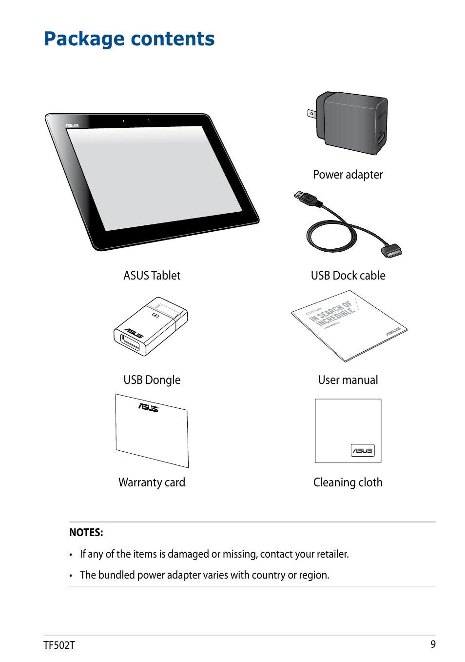 Package contents | Asus Transformer Pad TF502T User Manual | Page 9 / 84