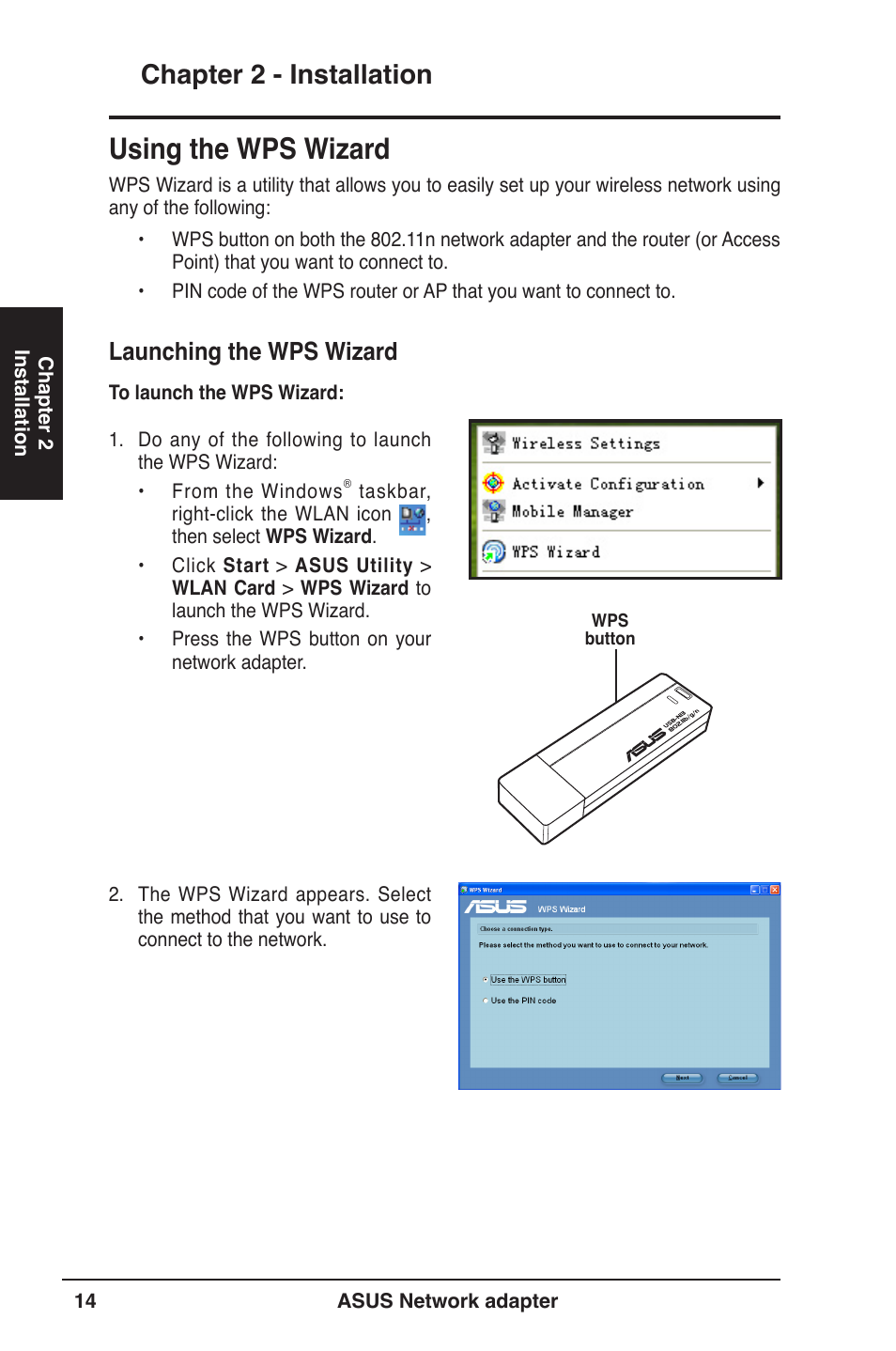 Using the wps wizard, Chapter 2 - installation, Launching the wps wizard | Asus USB-N13 User Manual | Page 14 / 69