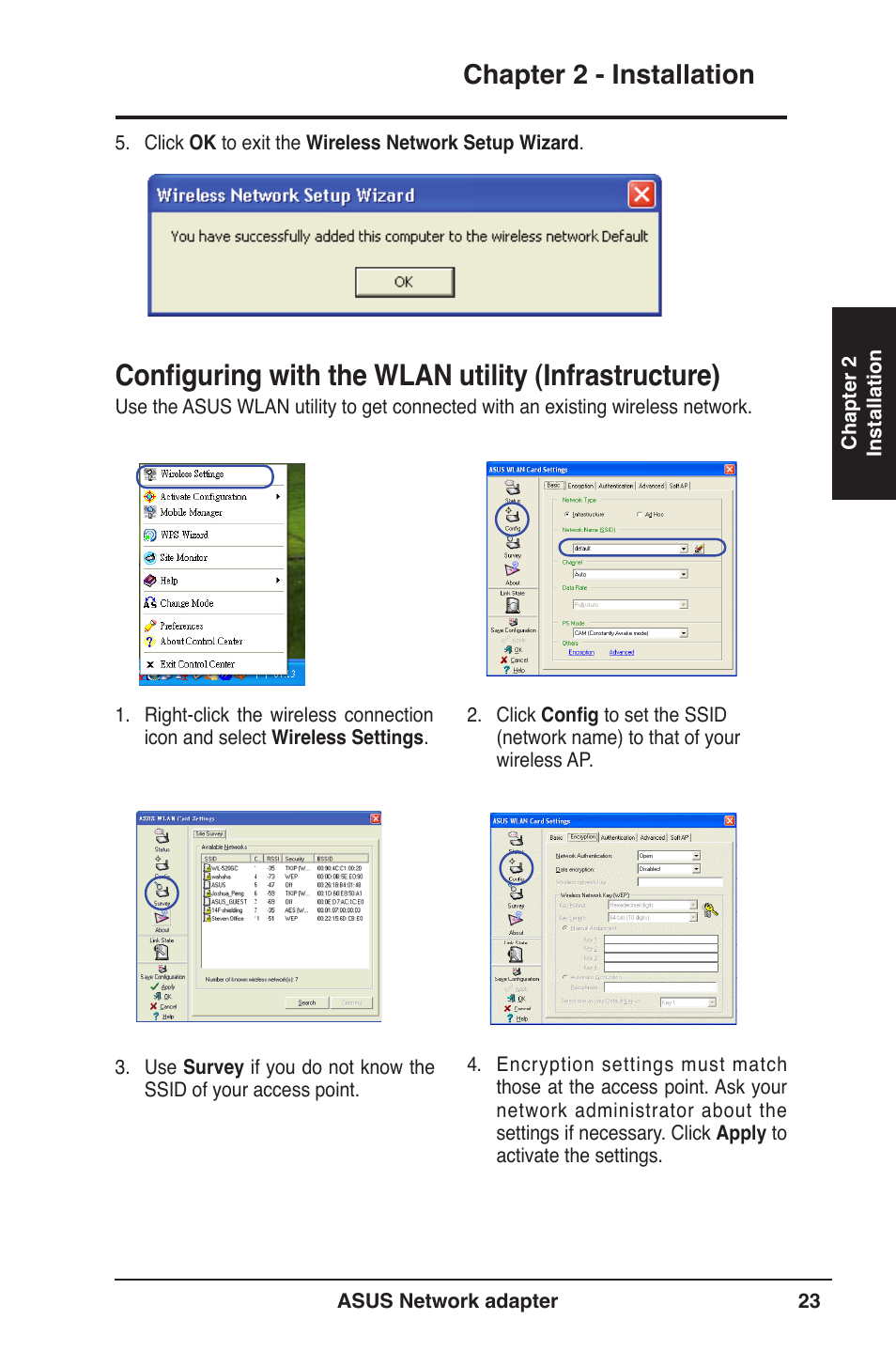 Configuring with the wlan utility (infrastructure), Chapter 2 - installation | Asus USB-N13 User Manual | Page 23 / 69