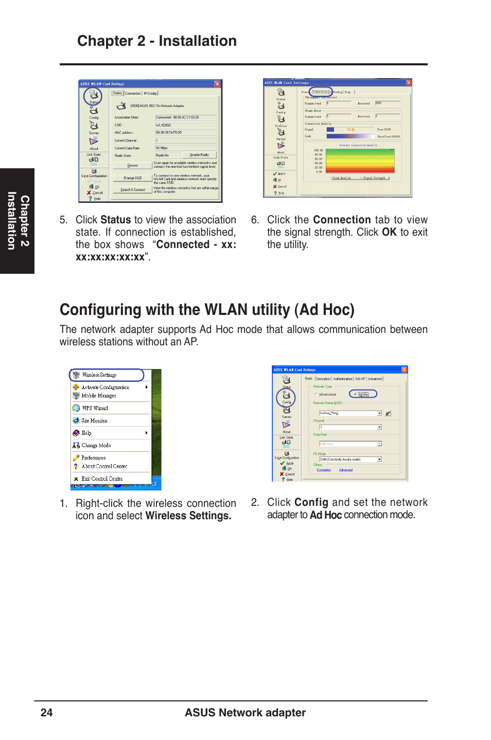 Configuring with the wlan utility (ad hoc), Chapter 2 - installation | Asus USB-N13 User Manual | Page 24 / 69