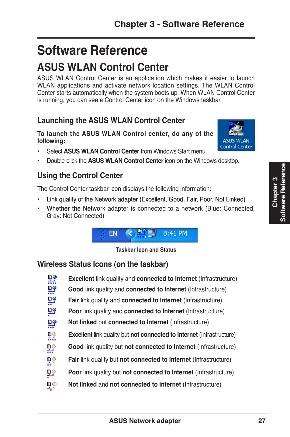 Software reference, Asus wlan control center, Chapter 3 - software reference | Asus USB-N13 User Manual | Page 27 / 69