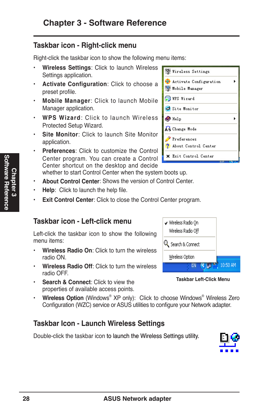 Chapter 3 - software reference, Taskbar icon - left-click menu, Taskbar icon - launch wireless settings | Taskbar icon - right-click menu | Asus USB-N13 User Manual | Page 28 / 69