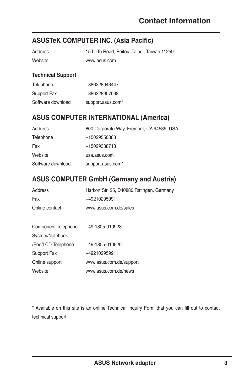 Contact information, Asustek computer inc. (asia pacific), Asus computer international (america) | Asus computer gmbh (germany and austria) | Asus USB-N13 User Manual | Page 3 / 69