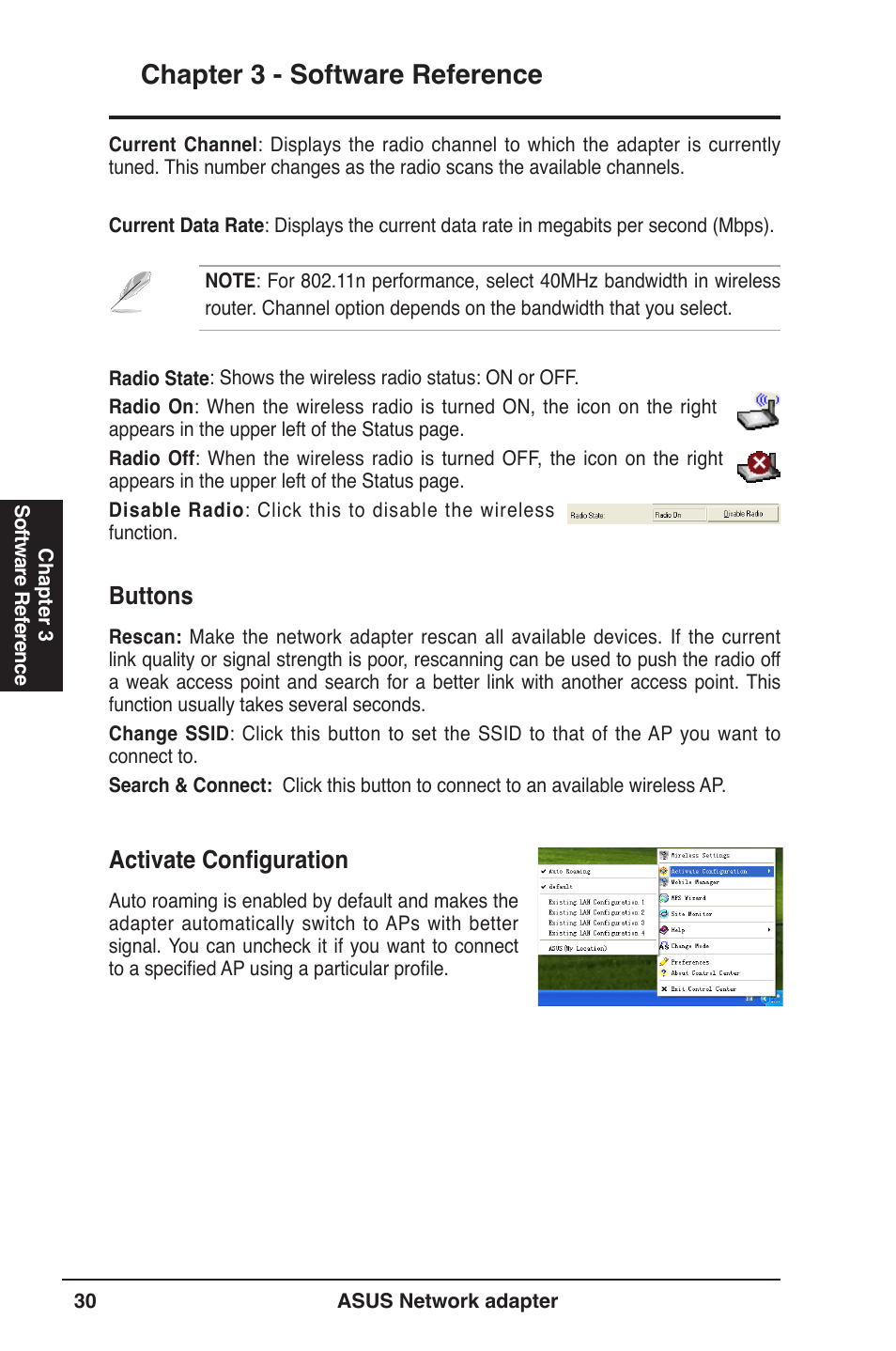 Chapter 3 - software reference, Buttons, Activate configuration | Asus USB-N13 User Manual | Page 30 / 69