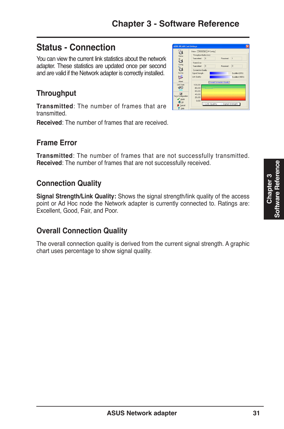 Status - connection, Chapter 3 - software reference, Throughput | Frame error, Connection quality, Overall connection quality | Asus USB-N13 User Manual | Page 31 / 69