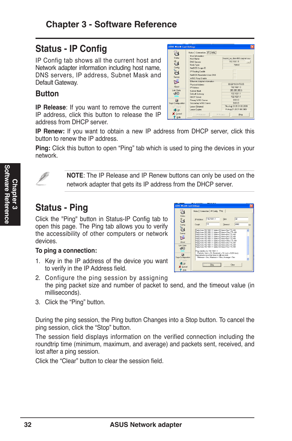 Status - ip config, Status - ping, Chapter 3 - software reference | Button | Asus USB-N13 User Manual | Page 32 / 69