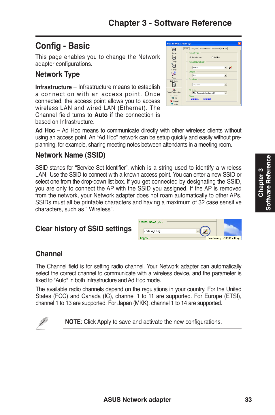 Config - basic, Chapter 3 - software reference, Network type | Network name (ssid), Clear history of ssid settings channel | Asus USB-N13 User Manual | Page 33 / 69