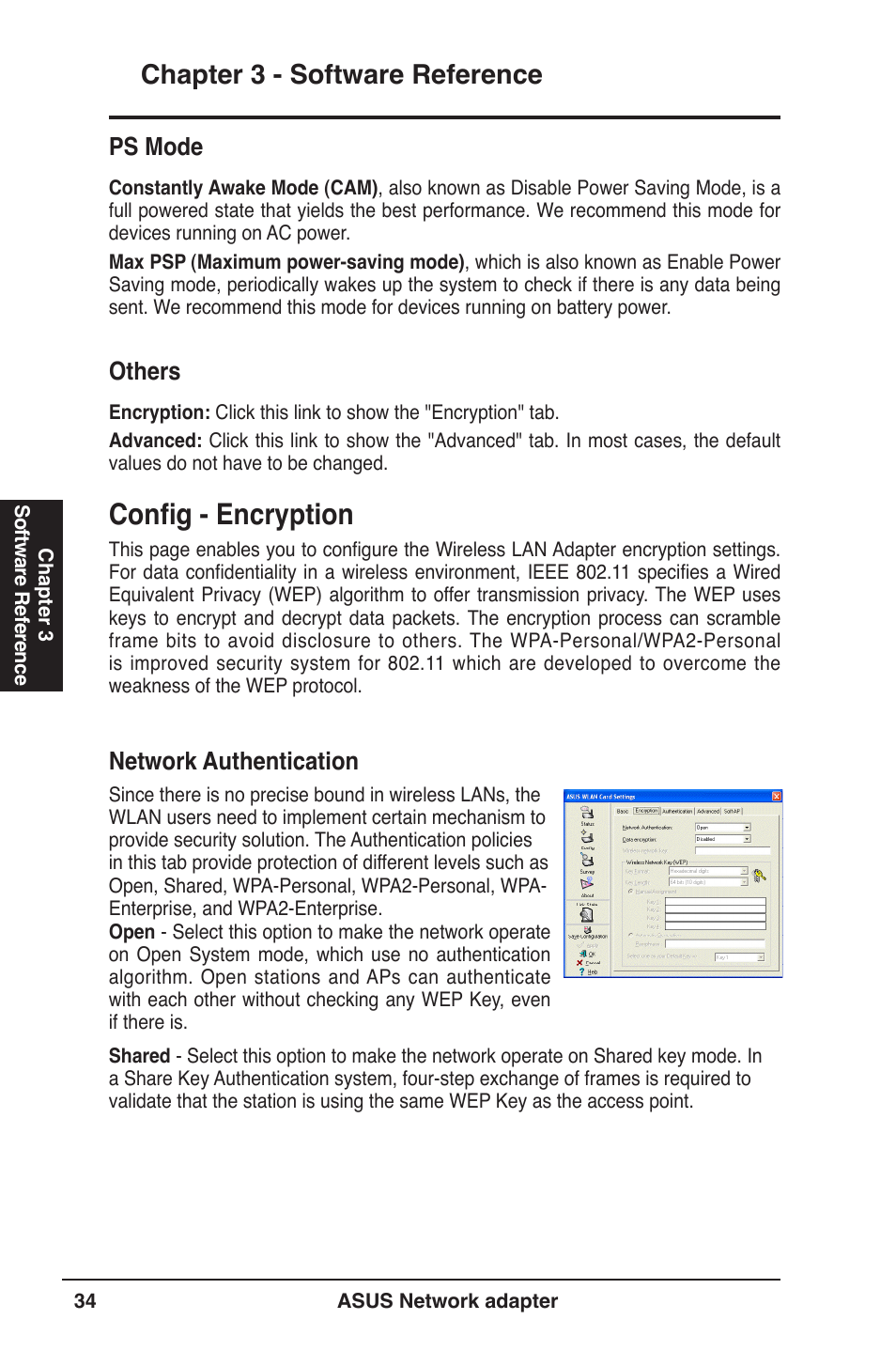 Config - encryption, Chapter 3 - software reference, Ps mode | Others, Network authentication | Asus USB-N13 User Manual | Page 34 / 69