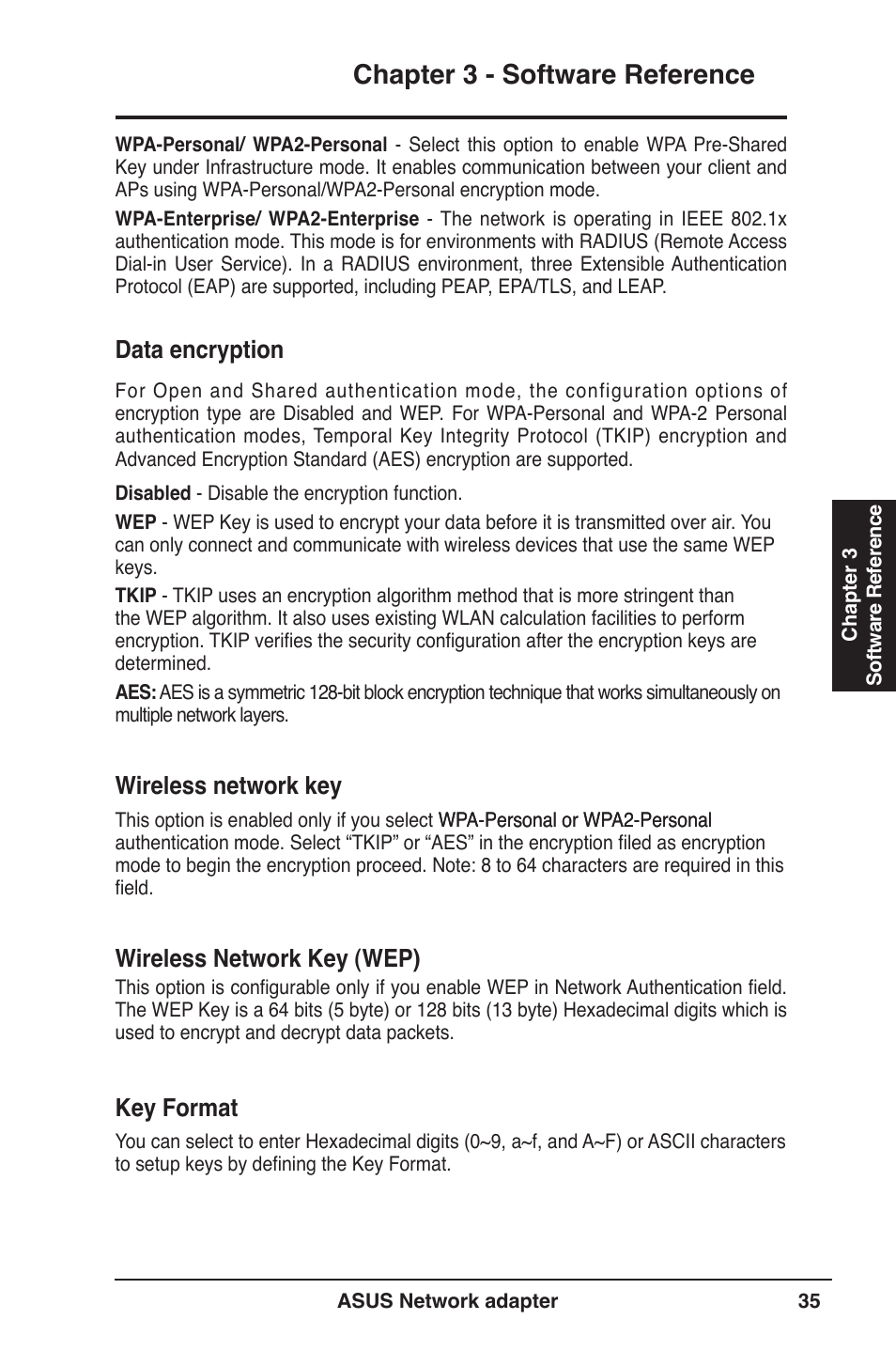 Chapter 3 - software reference, Data encryption, Wireless network key | Wireless network key (wep), Key format | Asus USB-N13 User Manual | Page 35 / 69