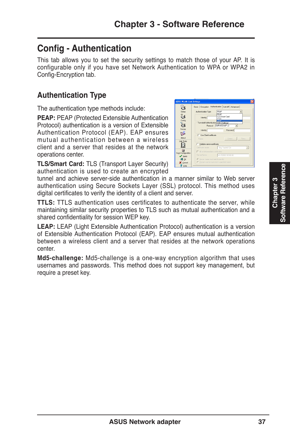 Config - authentication, Chapter 3 - software reference, Authentication type | Asus USB-N13 User Manual | Page 37 / 69