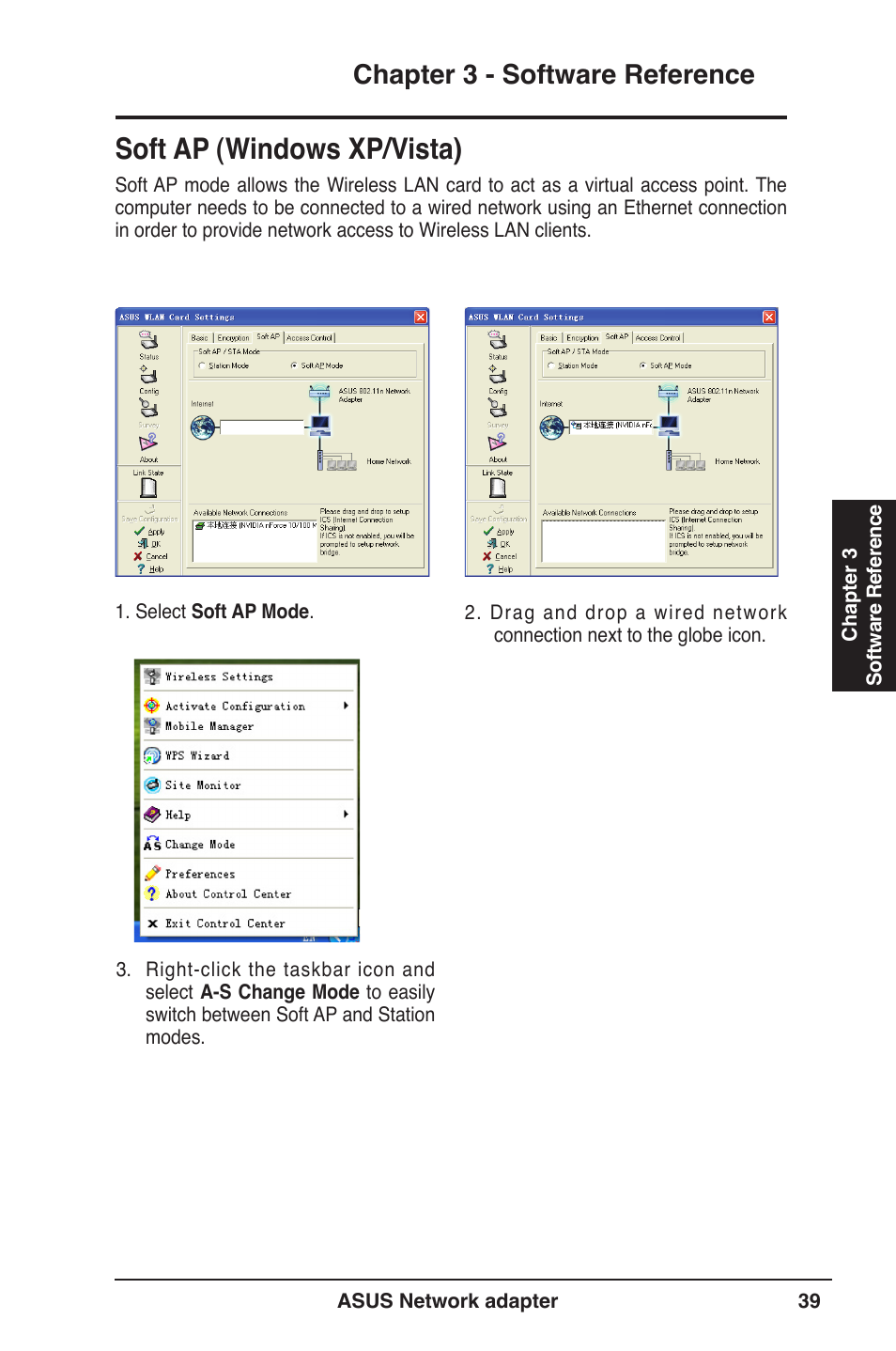 Soft ap (windows xp/vista), Chapter 3 - software reference | Asus USB-N13 User Manual | Page 39 / 69