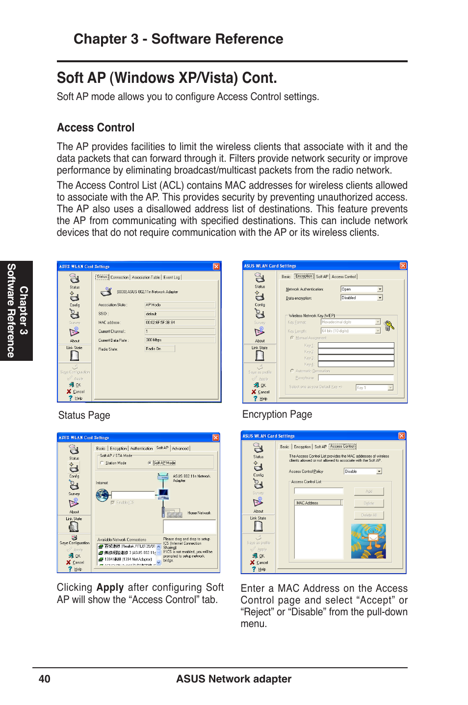 Soft ap (windows xp/vista) cont, Chapter 3 - software reference | Asus USB-N13 User Manual | Page 40 / 69