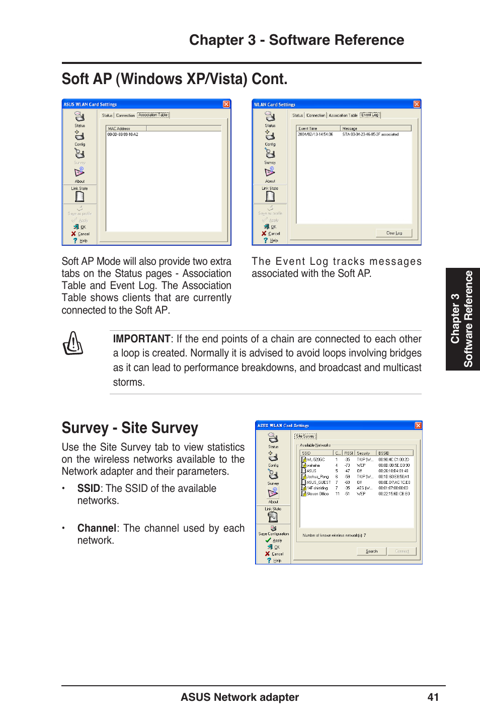 Survey - site survey, Soft ap (windows xp/vista) cont, Chapter 3 - software reference | Asus USB-N13 User Manual | Page 41 / 69