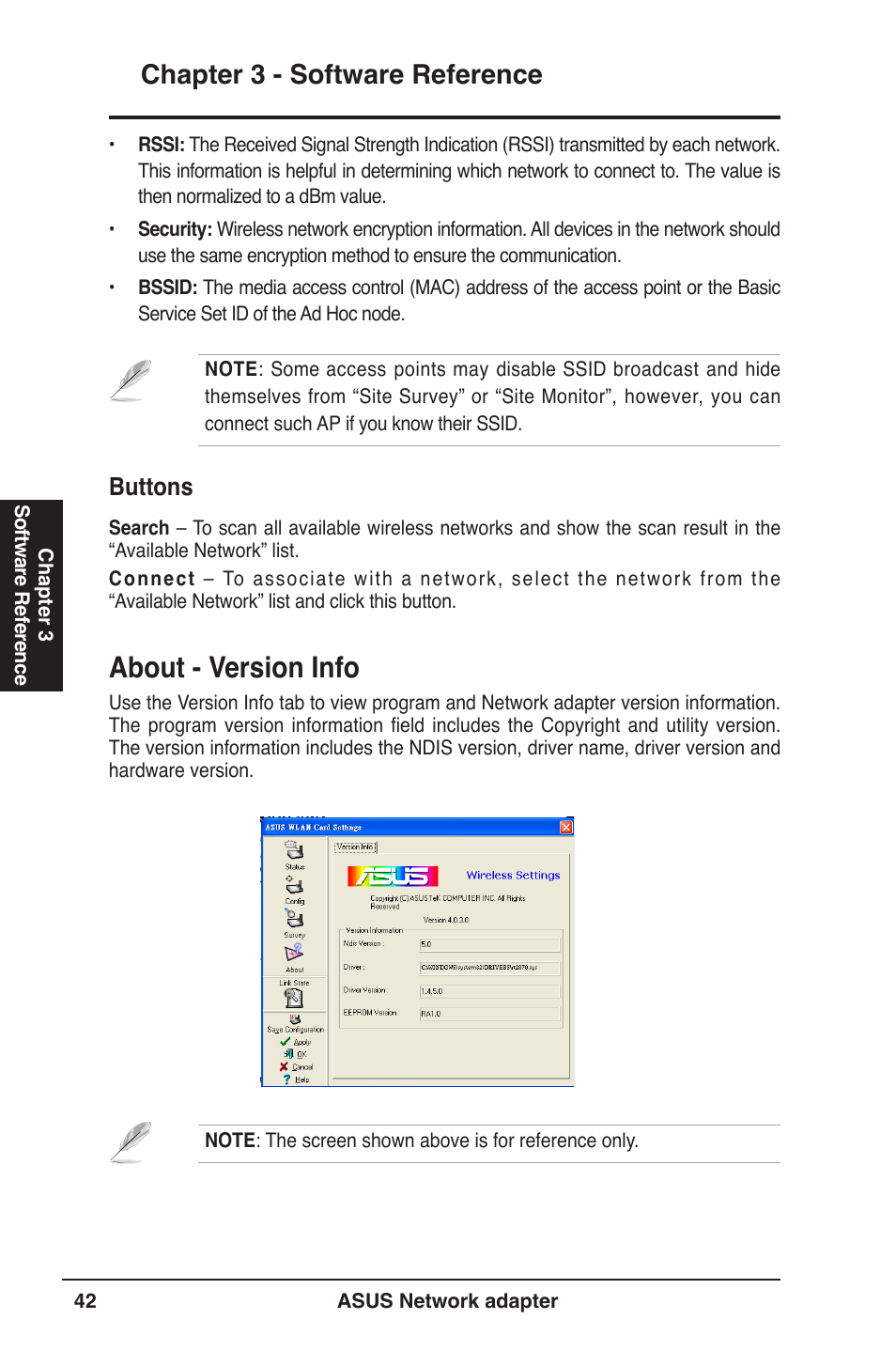 About - version info, Chapter 3 - software reference, Buttons | Asus USB-N13 User Manual | Page 42 / 69