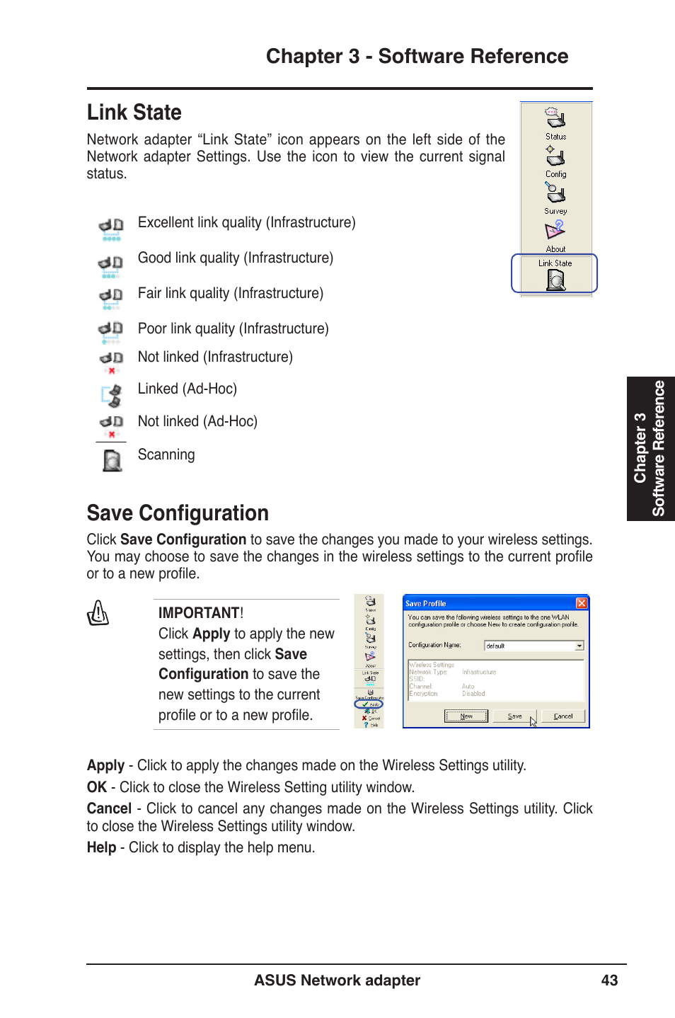 Link state, Save configuration, Chapter 3 - software reference | Asus USB-N13 User Manual | Page 43 / 69