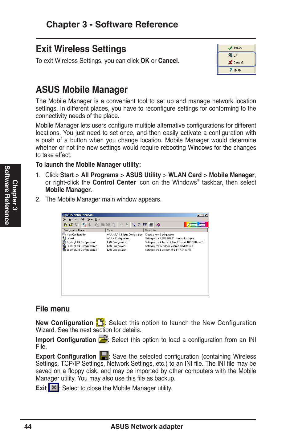 Asus mobile manager, Exit wireless settings, Chapter 3 - software reference | File menu | Asus USB-N13 User Manual | Page 44 / 69