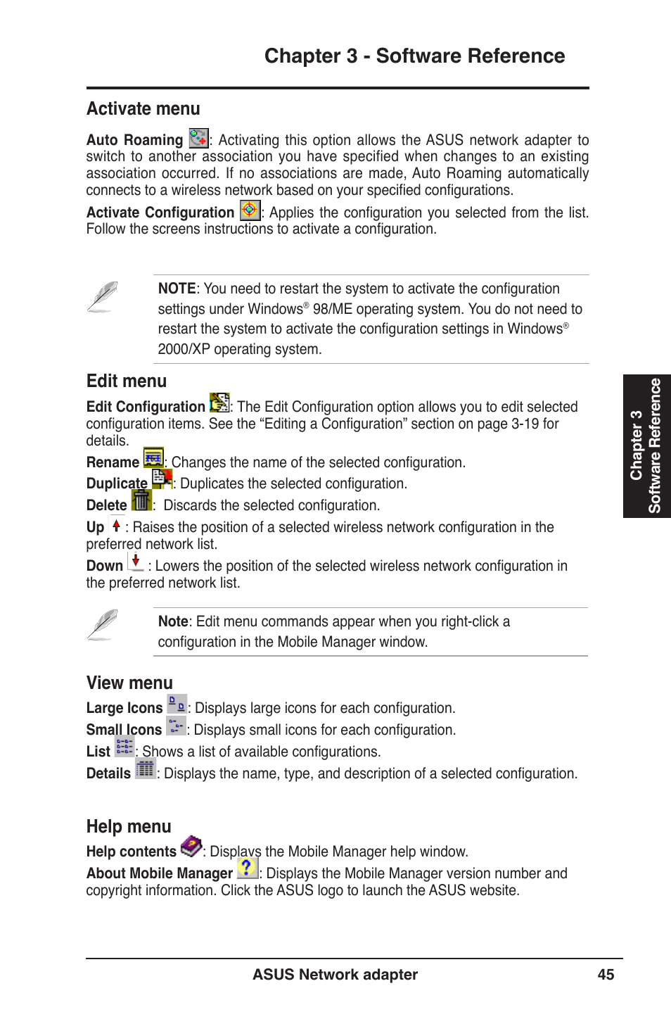 Chapter 3 - software reference, Activate menu, View menu | Help menu, Edit menu | Asus USB-N13 User Manual | Page 45 / 69