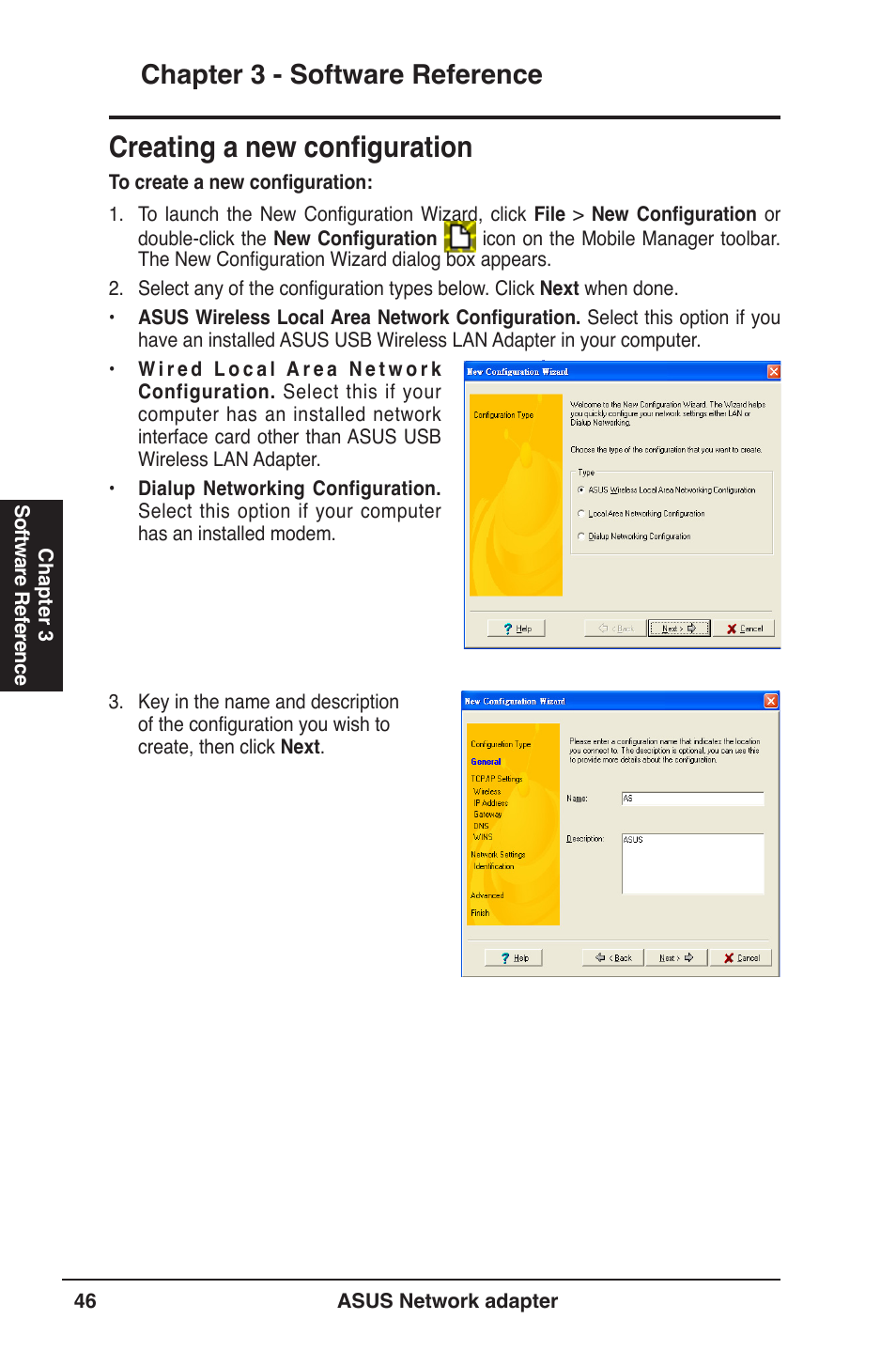 Creating a new configuration, Chapter 3 - software reference | Asus USB-N13 User Manual | Page 46 / 69