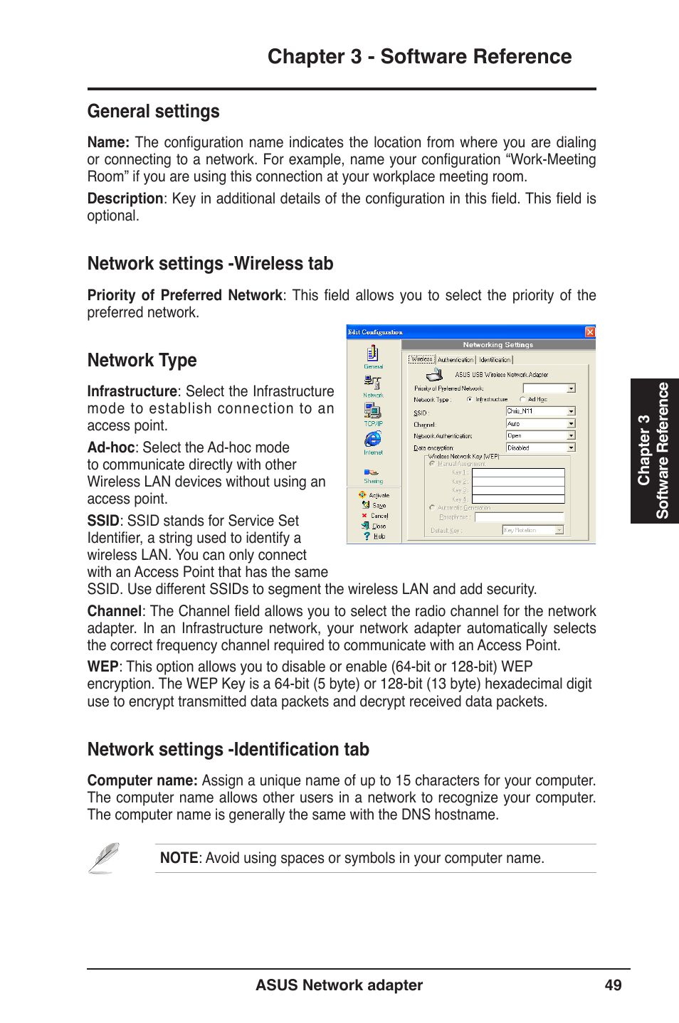 Chapter 3 - software reference, General settings, Network settings -wireless tab | Network type, Network settings -identification tab | Asus USB-N13 User Manual | Page 49 / 69