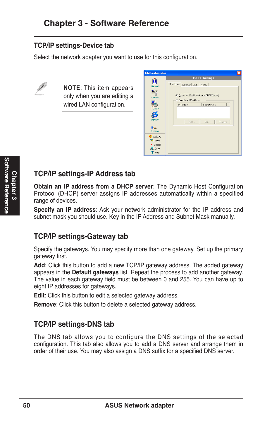 Chapter 3 - software reference, Tcp/ip settings-ip address tab, Tcp/ip settings-gateway tab | Tcp/ip settings-dns tab | Asus USB-N13 User Manual | Page 50 / 69