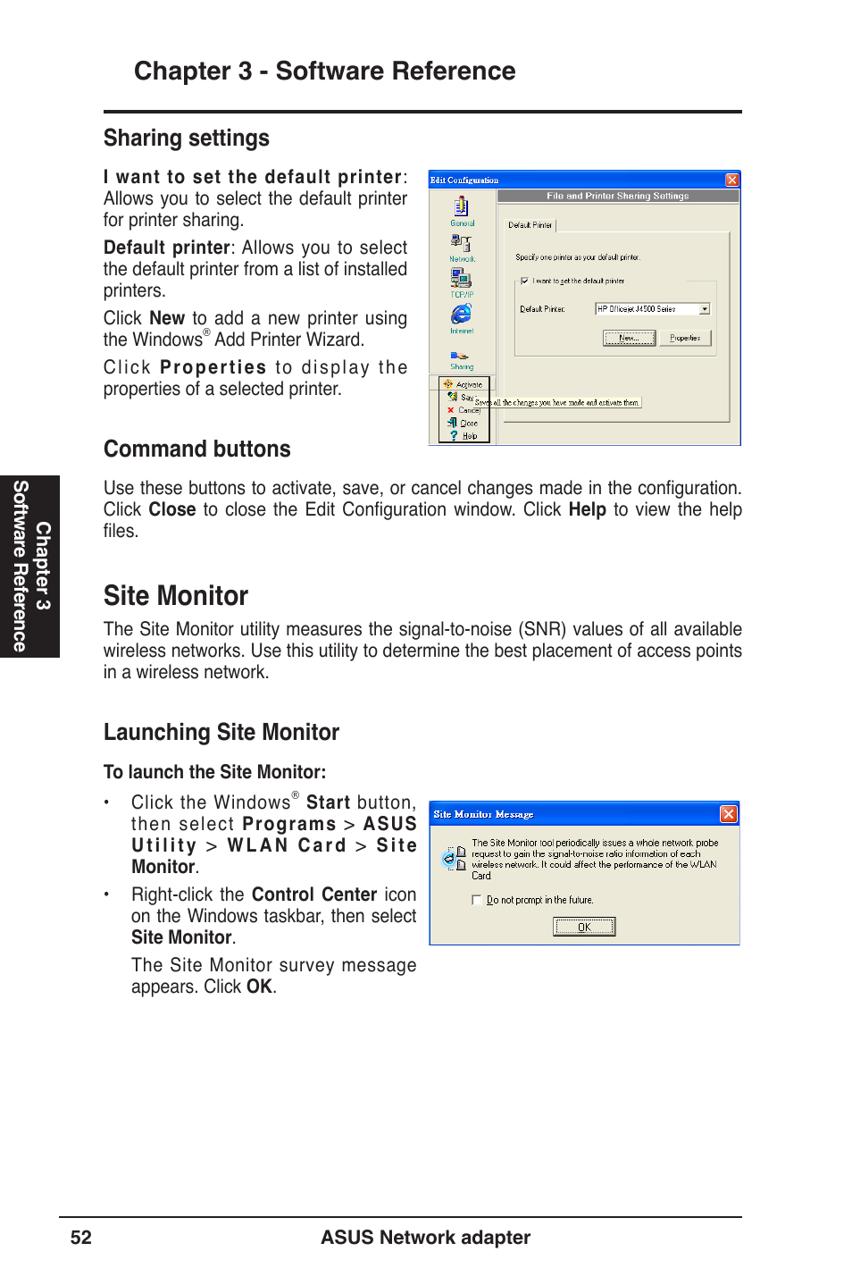 Site monitor, Chapter 3 - software reference, Sharing settings | Command buttons, Launching site monitor | Asus USB-N13 User Manual | Page 52 / 69