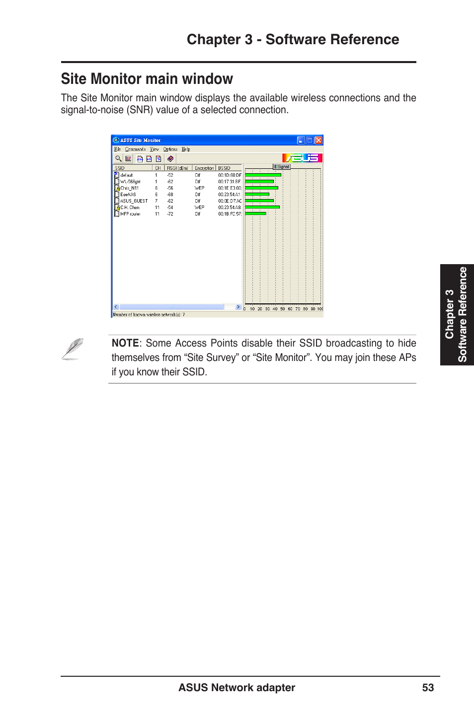 Site monitor main window, Chapter 3 - software reference | Asus USB-N13 User Manual | Page 53 / 69