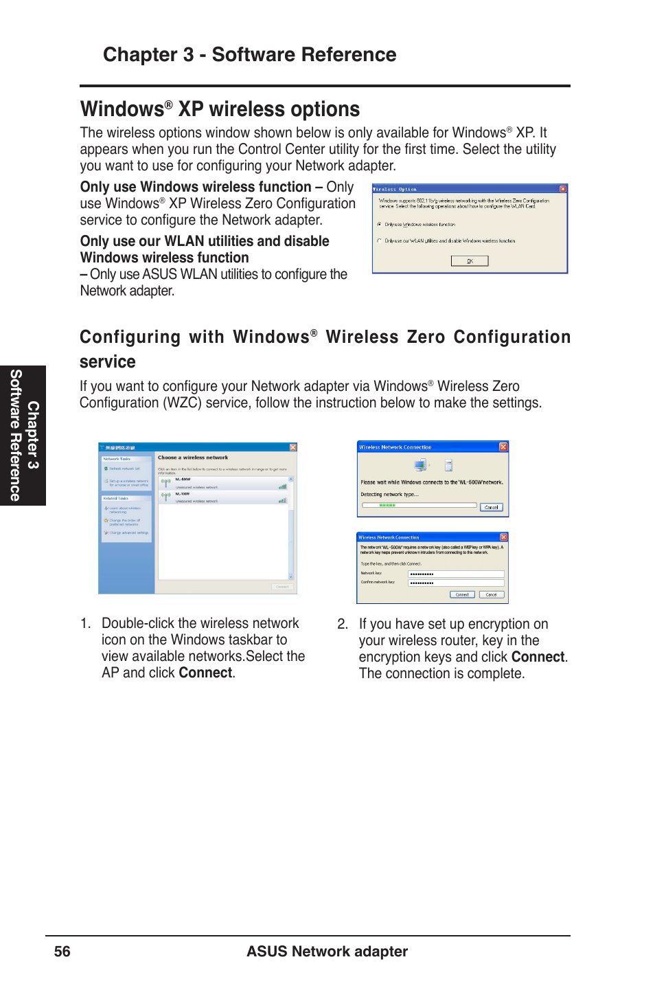 Windows, Xp wireless options, Chapter 3 - software reference | Configuring with windows, Wireless zero configuration service | Asus USB-N13 User Manual | Page 56 / 69