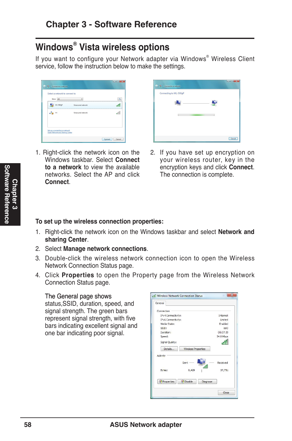 Windows, Vista wireless options, Chapter 3 - software reference | Asus USB-N13 User Manual | Page 58 / 69