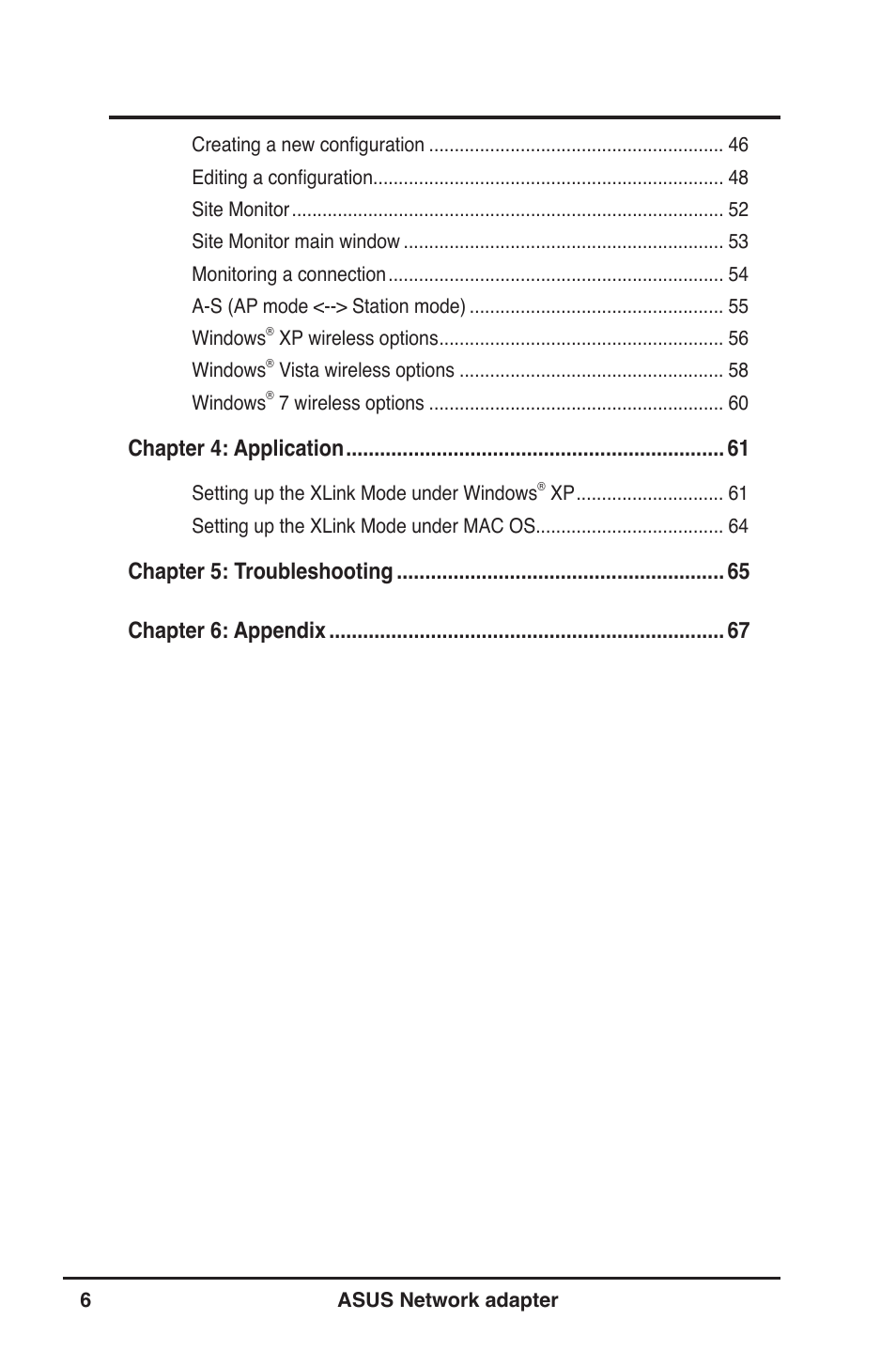 Chapter : application, Chapter : troubleshooting  chapter 6: appendix | Asus USB-N13 User Manual | Page 6 / 69