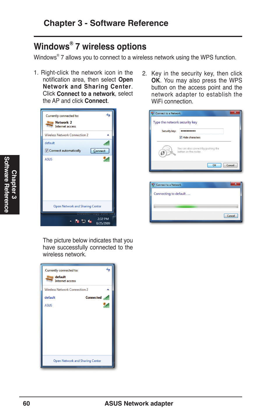 Windows, 7 wireless options, Chapter 3 - software reference | Asus USB-N13 User Manual | Page 60 / 69