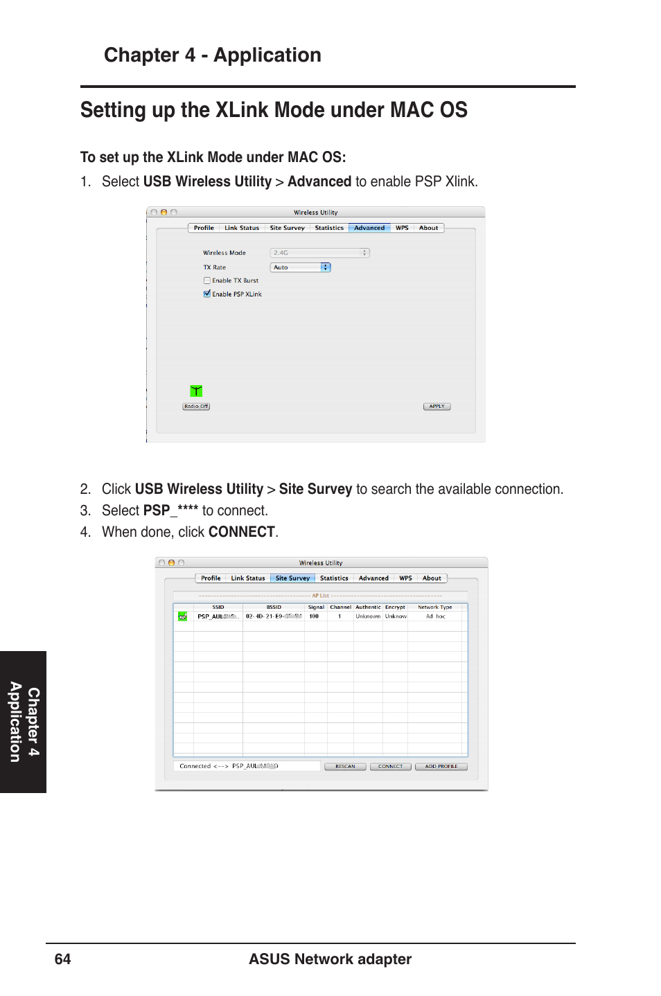 Setting up the xlink mode under mac os, Chapter  - application | Asus USB-N13 User Manual | Page 64 / 69