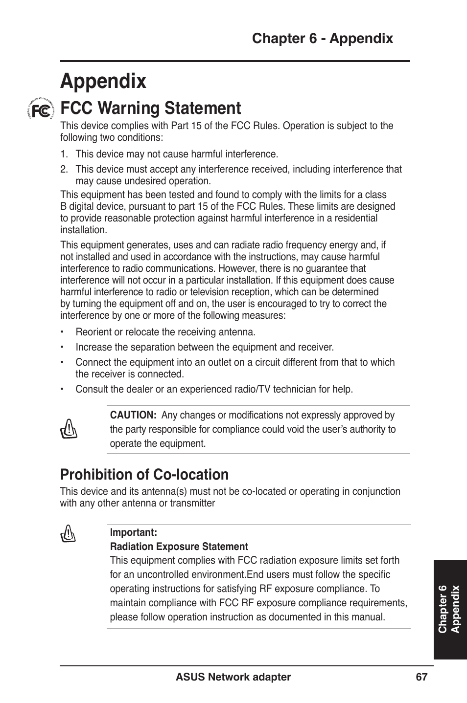 Appendix, Fcc warning statement, Prohibition of co-location | Chapter 6 - appendix | Asus USB-N13 User Manual | Page 67 / 69