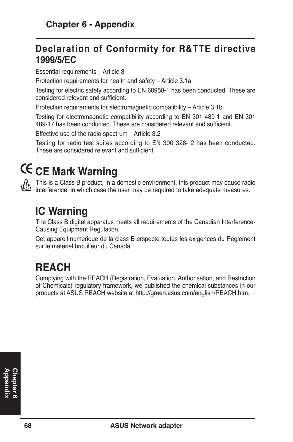 Ce mark warning, Ic warning, Reach | Chapter 6 - appendix | Asus USB-N13 User Manual | Page 68 / 69