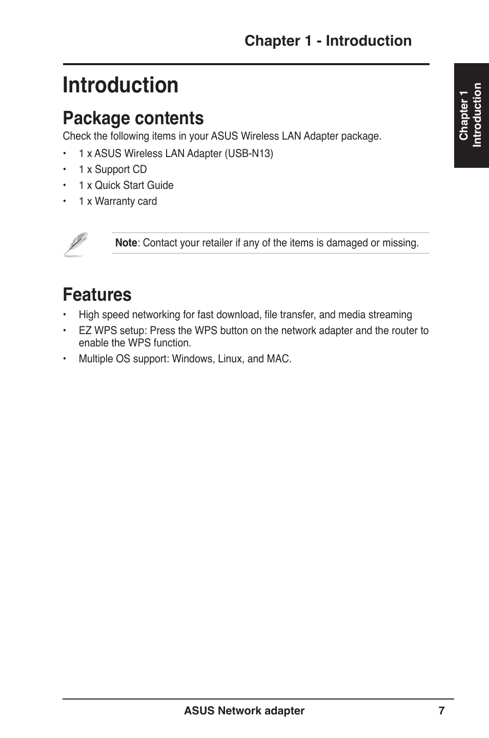 Introduction, Package contents, Features | Asus USB-N13 User Manual | Page 7 / 69