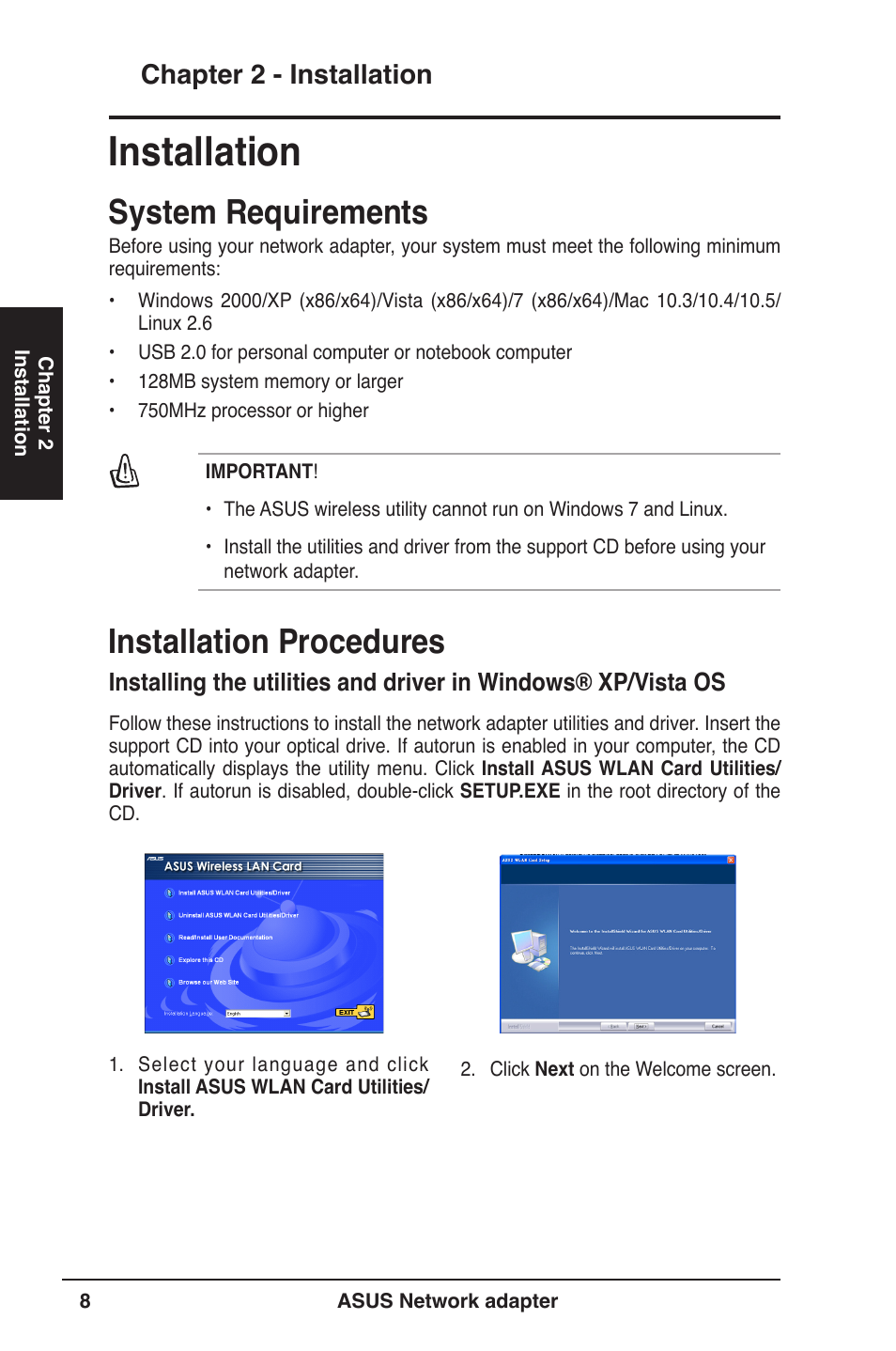 Installation, System requirements, Installation procedures | Chapter 2 - installation | Asus USB-N13 User Manual | Page 8 / 69