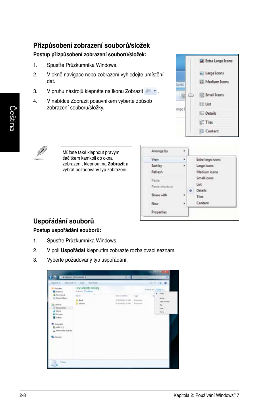 Čeština, Přizpůsobení zobrazení souborů/složek, Uspořádání souborů | Asus CG8350 User Manual | Page 102 / 384