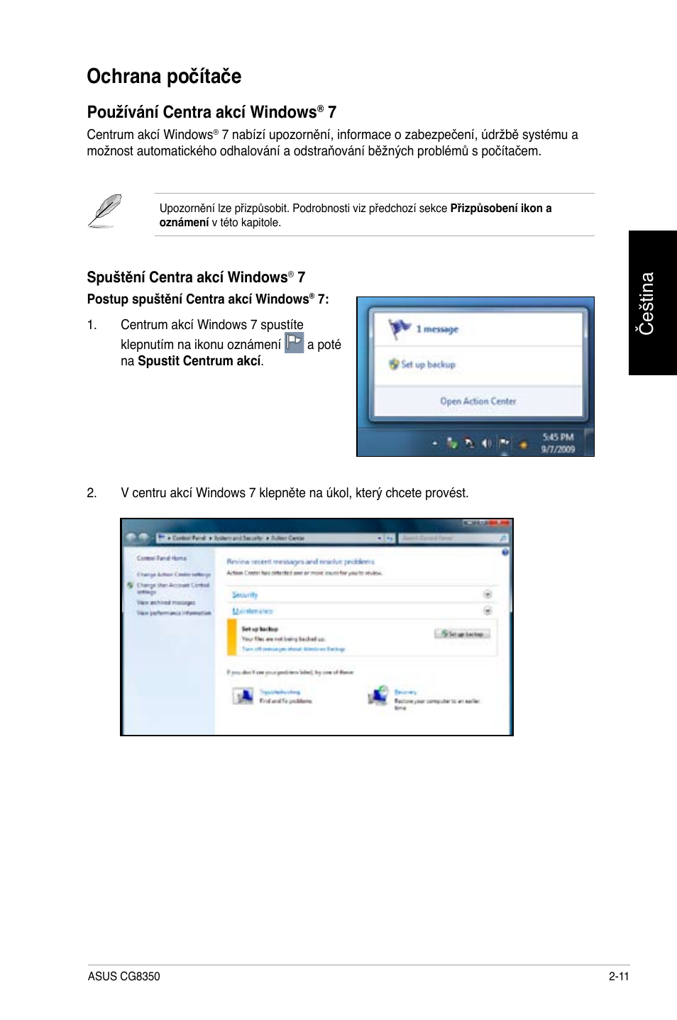 Ochrana počítače, Ochrana počítače -11, Čeština | Používání centra akcí windows | Asus CG8350 User Manual | Page 105 / 384